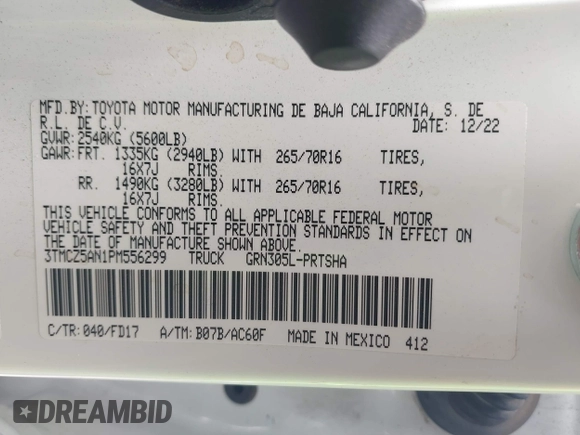 2023 Toyota Tacoma SR with VIN 3TMCZ5AN1PM556299, listed as a IAAI auction lot 42344160 with 42,338 mi miles and . Bid and sale history available at DreamBid. Image 9.