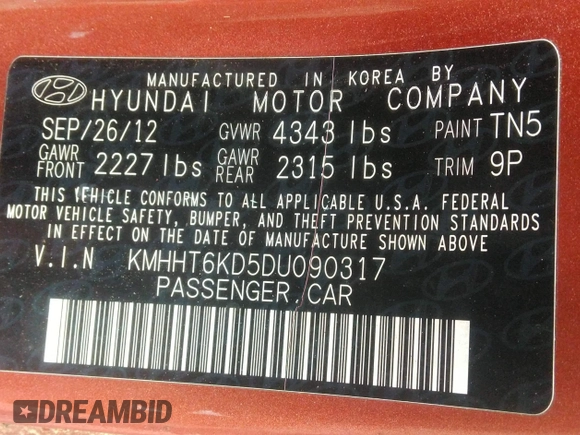 2013 Hyundai Genesis Coupe Premium z VIN KMHHT6KD5DU090317, wystawiony jako IAAI lot #42353888 z przebiegiem 156 637 mil mil oraz . Historia ofert i sprzedaży dostępna na DreamBid. Obrazek 9.