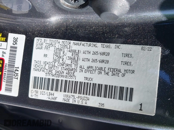 2022 Toyota Tundra 1794 Edition with VIN 5TFMA5DB9NX015571, listed as a IAAI auction lot 41730283 with 76,429 mi miles and . Bid and sale history available at DreamBid. Image 9.