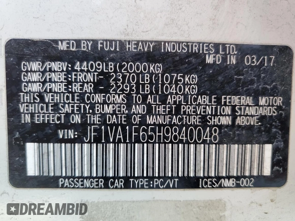 2017 Subaru WRX Premium with VIN JF1VA1F65H9840048, listed as a Copart auction lot 57729145 with 105,724 mi miles and Salvage title. Bid and sale history available at DreamBid. Image 13.
