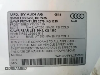 2018 Audi Q5 Premium Plus with VIN WA1BNAFY4J2230928, listed as a Copart auction lot 53123145 with 83,151 mi miles and Salvage Title. Bid and sale history available at DreamBid. Image 13.