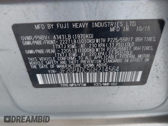 2016 Subaru Crosstrek Premium with VIN JF2GPADC5GH214564, listed as a IAAI auction lot 42567468 with 67,014 mi miles and . Bid and sale history available at DreamBid. Image 9.