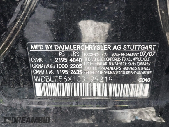 2008 Mercedes-Benz E 350 Luxury with VIN WDBUF56X18B199219, listed as a IAAI auction lot 41933574 with 132,199 mi miles and . Bid and sale history available at carsss.com. Image 9.