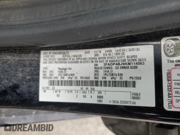 2019 Ford Fiesta SE with VIN 3FADP4BJ9KM114563, listed as a Copart auction lot 43869815 with 139,614 mi miles and Salvage Title. Bid and sale history available at carsss.com. Image 13.