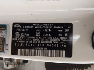 2016 Kia Optima LX with VIN 5XXGT4L38GG048180, listed as a IAAI auction lot 41923650 with 58,018 mi miles. Bid and sale history available at carsss.com. Image 9.