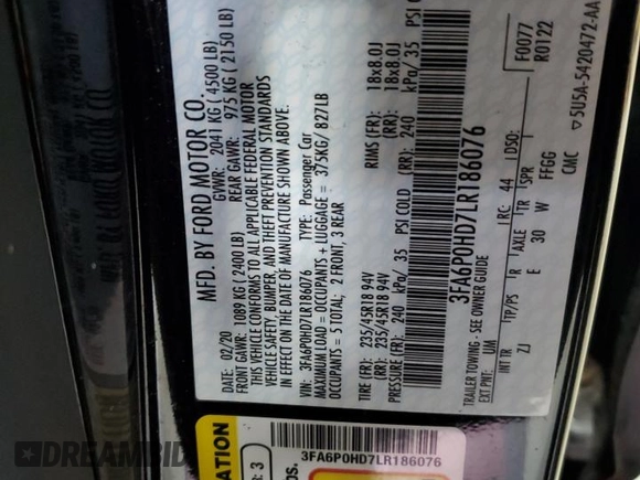 2020 Ford Fusion SE with VIN 3FA6P0HD7LR186076, listed as a Copart auction lot 51582885 with 93,021 mi miles and Salvage Title. Bid and sale history available at DreamBid. Image 13.