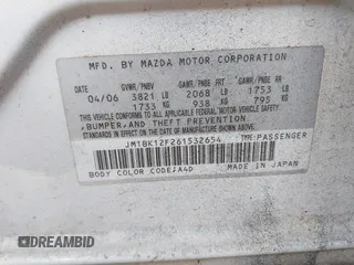2006 Mazda Mazda3 i with VIN JM1BK12F261532654, listed as a IAAI auction lot 41788249 with 259,898 mi miles. Bid and sale history available at carsss.com. Image 9.