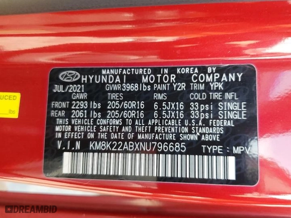 2022 Hyundai Kona SE with VIN KM8K22ABXNU796685, listed as a Copart auction lot 51304955 with 20,708 mi miles and Clean Title. Bid and sale history available at carsss.com. Image 14.