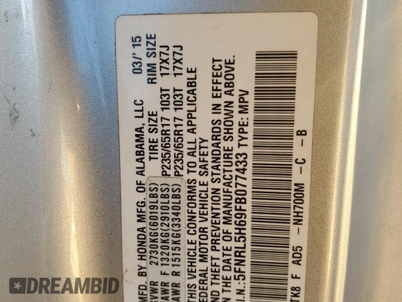 2015 Honda Odyssey EX-L with VIN 5FNRL5H69FB077433, listed as a Copart auction lot 88999285 with 193,926 mi miles and Salvage Title. Bid and sale history available at DreamBid. Image 15.