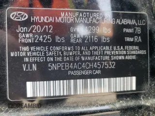 2012 Hyundai Sonata GLS with VIN 5NPEB4AC4CH457532, listed as a Copart auction lot 54073105 with 147,261 mi miles and Clean Title. Bid and sale history available at carsss.com. Image 12.