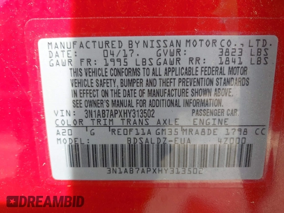 2017 Nissan Sentra SV с VIN 3N1AB7APXHY313502, выставлен на аукционе IAAI как лот 42032193 с пробегом 146 484 миль миль и . История ставок и продаж доступна на DreamBid. Изображение 9.