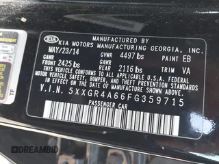 2015 Kia Optima SXL Turbo with VIN 5XXGR4A66FG359715, listed as a IAAI auction lot 41787210 with 203,761 mi miles and . Bid and sale history available at DreamBid. Image 9.