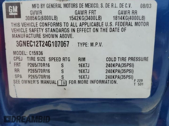 2004 Chevrolet Avalanche with VIN 3GNEC12T24G107067, listed as a Copart auction lot 59459335 with 192,437 mi miles and Salvage title. Bid and sale history available at DreamBid. Image 12.