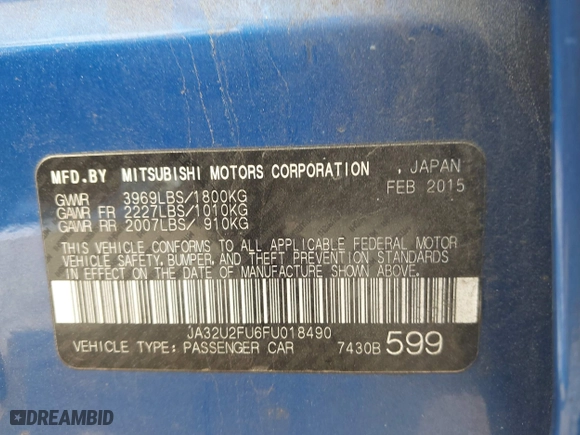 2015 Mitsubishi Lancer ES with VIN JA32U2FU6FU018490, listed as a IAAI auction lot 41960096 with 120,067 mi miles. Bid and sale history available at carsss.com. Image 9.