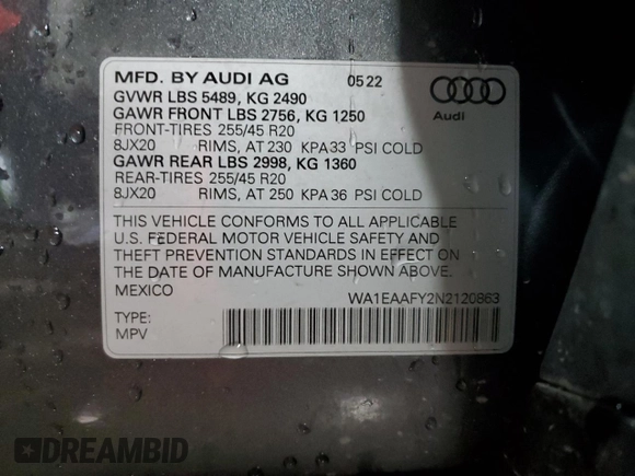 2022 Audi Q5 S line Premium Plus with VIN WA1EAAFY2N2120863, listed as a Copart auction lot 58784045 with 35,020 mi miles and Salvage title. Bid and sale history available at DreamBid. Image 13.
