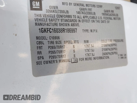 2008 GMC Yukon XL SLT 4SB with VIN 1GKFC16038R186997, listed as a IAAI auction lot 41788484 with 202,832 mi miles and . Bid and sale history available at carsss.com. Image 9.
