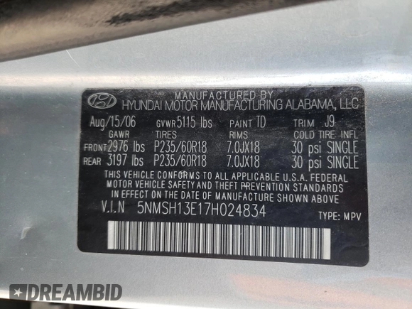2007 Hyundai Santa Fe SE z VIN 5NMSH13E17H024834, wystawiony jako Copart lot #48209295 z przebiegiem 170 156 mil mil oraz Szkoda całkowita • Salvage title. Historia ofert i sprzedaży dostępna na DreamBid. Obrazek 15.