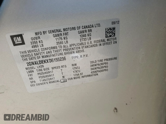2013 Chevrolet Equinox LT with VIN 2GNALDEKXD6155236, listed as a Copart auction lot 48911735 with 120,446 mi miles and Salvage Title. Bid and sale history available at carsss.com. Image 15.