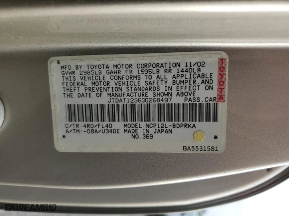 2003 Toyota ECHO with VIN JTDAT123630268497, listed as a Copart auction lot 83375064 with 207,769 mi miles and Salvage Title. Bid and sale history available at carsss.com. Image 14.