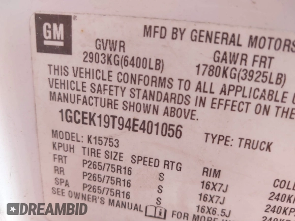 2004 Chevrolet Silverado 1500 Z71 with VIN 1GCEK19T94E401056, listed as a IAAI auction lot 41796330 with 301,264 mi miles and . Bid and sale history available at DreamBid. Image 9.