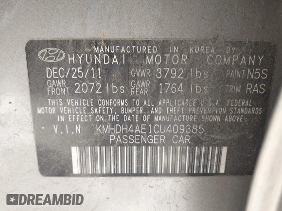 2012 Hyundai Elantra Limited with VIN KMHDH4AE1CU409385, listed as a IAAI auction lot 41985078 with 108,561 mi miles. Bid and sale history available at carsss.com. Image 9.
