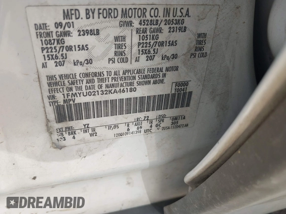 2002 Ford Escape XLS Choice with VIN 1FMYU02132KA46180, listed as a IAAI auction lot 42562178 with 225,404 mi miles and . Bid and sale history available at DreamBid. Image 9.