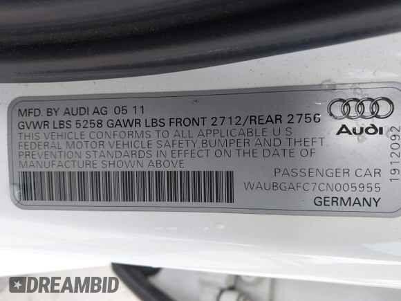2012 Audi A6 Premium Plus with VIN WAUBGAFC7CN005955, listed as a IAAI auction lot 42158604 with 119,738 mi miles and . Bid and sale history available at DreamBid. Image 9.