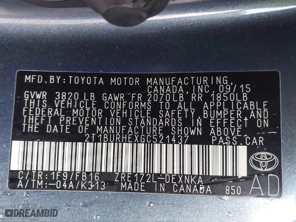 2016 Toyota Corolla L with VIN 2T1BURHEXGC521437, listed as a IAAI auction lot 41868223 with 82,080 mi miles. Bid and sale history available at carsss.com. Image 9.