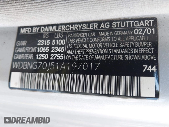 2001 Mercedes-Benz S 320/430/500 with VIN WDBNG70J51A197017, listed as a IAAI auction lot 41936977 with Not Provided miles and . Bid and sale history available at carsss.com. Image 9.
