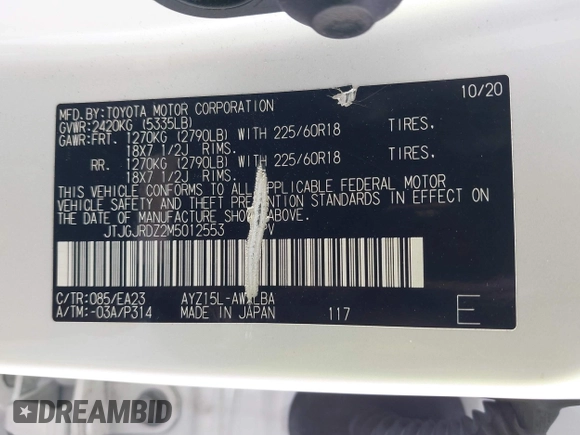 2021 Lexus NX 300h with VIN JTJGJRDZ2M5012553, listed as a IAAI auction lot 41850243 with 56,737 mi miles and . Bid and sale history available at DreamBid. Image 9.