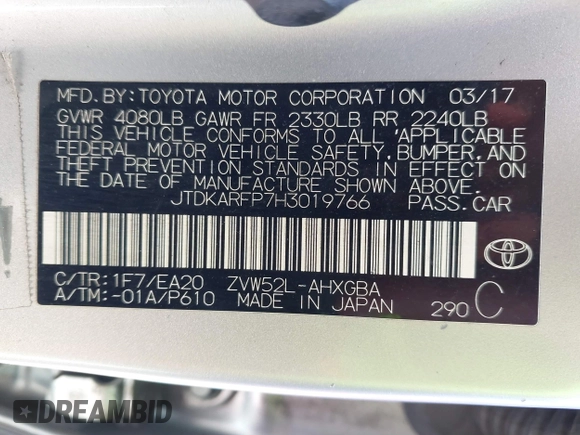 2017 Toyota Prius Plus with VIN JTDKARFP7H3019766, listed as a IAAI auction lot 41850601 with 281,540 mi miles and . Bid and sale history available at DreamBid. Image 9.