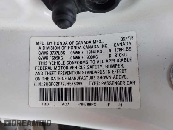 2018 Honda Civic EX with VIN 2HGFC2F77JH576099, listed as a IAAI auction lot 41924628 with 100,998 mi miles and . Bid and sale history available at DreamBid. Image 9.