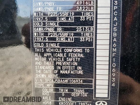 2021 Infiniti QX50 Luxe с VIN 3PCAJ5BA6MF106934, выставлен на аукционе Copart как лот 56293345 с пробегом 64 410 миль миль и Списание • Salvage title. История ставок и продаж доступна на DreamBid. Изображение 13.