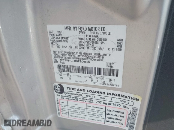 2011 Ford F-150 XL with VIN 1FTFW1CF8BFB09806, listed as a IAAI auction lot 38661944 with 1 mi miles. Bid and sale history available at carsss.com. Image 9.