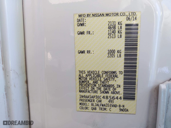 2014 Nissan Maxima 3.5 SV w/Premium Pkg with VIN 1N4AA5AP3EC485644, listed as a IAAI auction lot 41722486 with 136,975 mi miles. Bid and sale history available at carsss.com. Image 9.