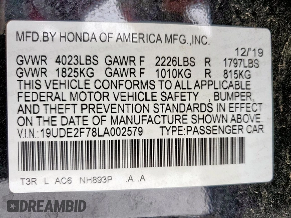 2020 Acura ILX Premium with VIN 19UDE2F78LA002579, listed as a Copart auction lot 58015475 with 110,786 mi miles and Salvage title. Bid and sale history available at DreamBid. Image 13.