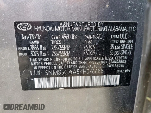 2019 Hyundai Santa Fe Ultimate with VIN 5NMS5CAA5KH076688, listed as a Copart auction lot 87656435 with 0 mi miles and Non Repairable. Bid and sale history available at carsss.com. Image 13.