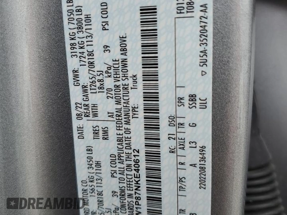 2022 Ford F-150 z VIN 1FTFW1P87NKE40612, wystawiony jako Copart lot #55481785 z przebiegiem 31 516 mil mil oraz Szkoda całkowita • Salvage title. Historia ofert i sprzedaży dostępna na DreamBid. Obrazek 13.