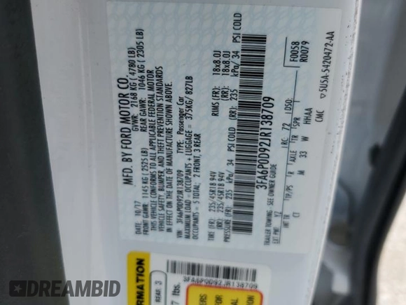 2018 Ford Fusion Titanium with VIN 3FA6P0D92JR138709, listed as a Copart auction lot 52017725 with 86,495 mi miles and Clean title. Bid and sale history available at DreamBid. Image 12.