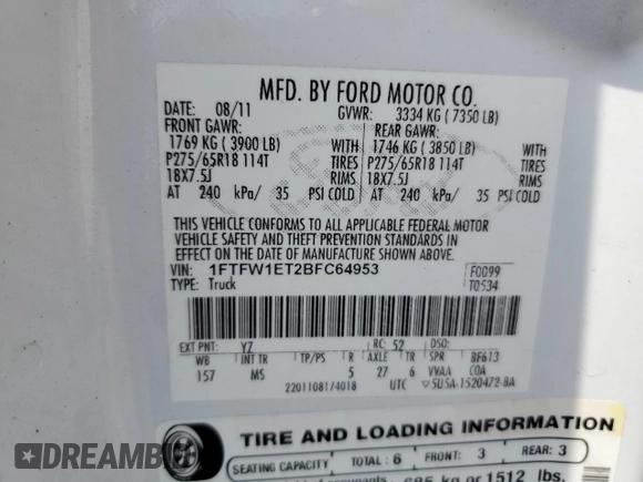 2011 Ford F-150 XLT с VIN 1FTFW1ET2BFC64953, выставлен на аукционе Copart как лот 62419915 с пробегом 173 782 миль миль и Списание • Salvage title. История ставок и продаж доступна на DreamBid. Изображение 12.