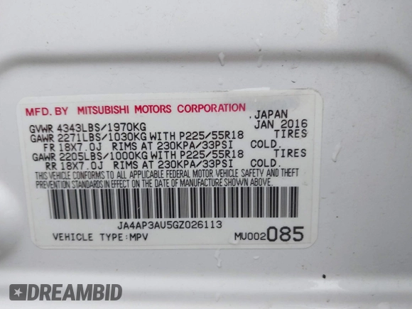 2016 Mitsubishi Outlander Sport 2.0 ES with VIN JA4AP3AU5GZ026113, listed as a IAAI auction lot 41893209 with 66,807 mi miles. Bid and sale history available at carsss.com. Image 9.