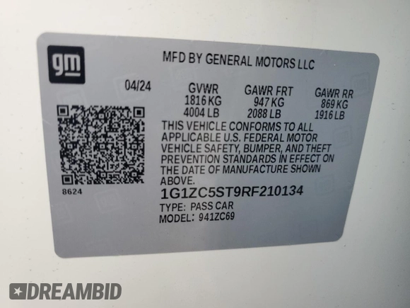 2024 Chevrolet Malibu LS with VIN 1G1ZC5ST9RF210134, listed as a Copart auction lot 79671434 with Not Provided miles and Salvage Title. Bid and sale history available at DreamBid. Image 12.