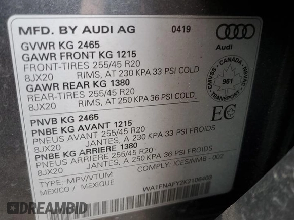 2019 Audi Q5 Prestige with VIN WA1FNAFY2K2106403, listed as a Copart auction lot 40071484 with 58,046 mi miles. Bid and sale history available at carsss.com. Image 13.