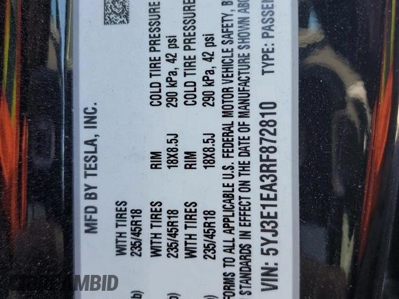 2024 Tesla Model 3 z VIN 5YJ3E1EA3RF872810, wystawiony jako Copart lot #46871445 z przebiegiem 2 725 mil mil oraz Szkoda całkowita • Salvage title. Historia ofert i sprzedaży dostępna na DreamBid. Obrazek 14.