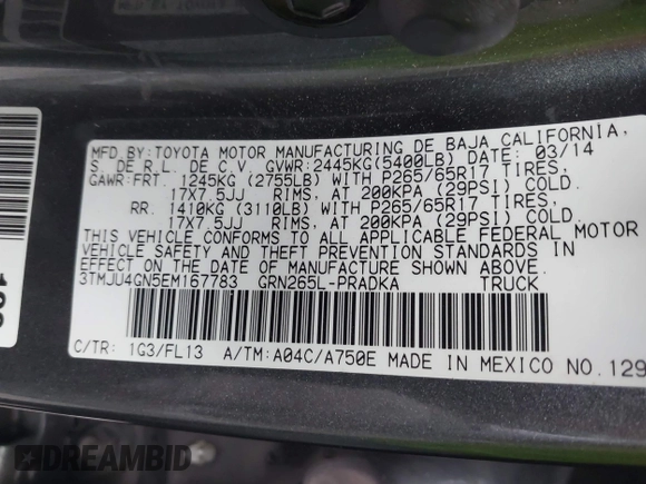 2014 Toyota Tacoma PreRunner with VIN 3TMJU4GN5EM167783, listed as a IAAI auction lot 42031603 with 179,574 mi miles and . Bid and sale history available at DreamBid. Image 9.