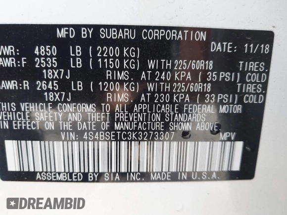 2019 Subaru Outback Touring with VIN 4S4BSETC3K3273307, listed as a IAAI auction lot 42738438 with 40,222 mi miles and . Bid and sale history available at DreamBid. Image 9.