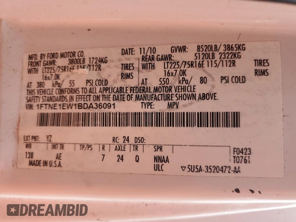 2011 Ford Econoline Cargo Commercial with VIN 1FTNE1EW1BDA36091, listed as a Copart auction lot 88529225 with Not Provided miles and Clean Title. Bid and sale history available at DreamBid. Image 13.