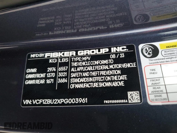 2023 Fisker Ocean One z VIN VCF1ZBU2XPG003961, wystawiony jako Copart lot #75161514 z przebiegiem 1 449 mil mil oraz Nie do naprawy • Non repairable. Historia ofert i sprzedaży dostępna na DreamBid. Obrazek 14.