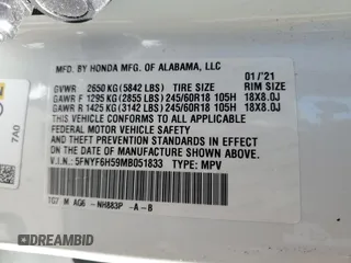 2021 Honda Pilot EX-L with VIN 5FNYF6H59MB051833, listed as a Copart auction lot 50360485 with 153,971 mi miles and Salvage Title. Bid and sale history available at DreamBid. Image 13.