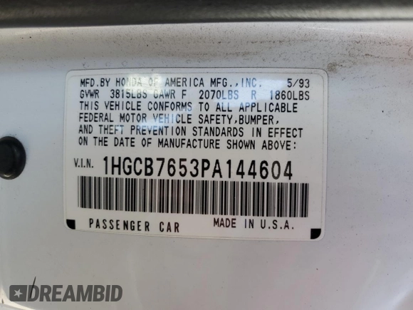 1993 Honda Accord with VIN 1HGCB7653PA144604, listed as a Copart auction lot 60893475 with 149,170 mi miles and Salvage title. Bid and sale history available at DreamBid. Image 12.